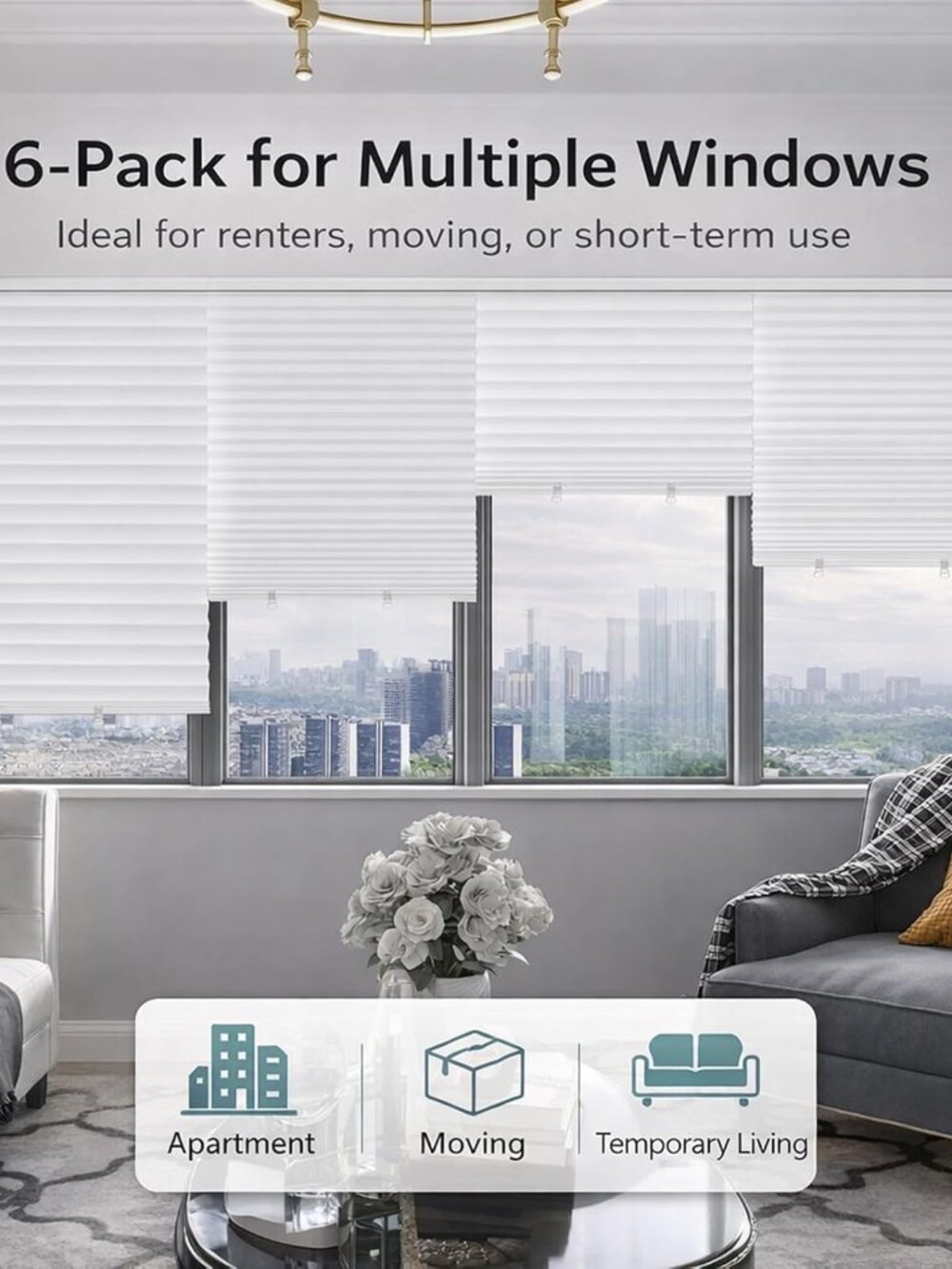 6 Pack Temporary Shades, Pleated Paper Blinds for Indoor Windows, White 36"Wx72'